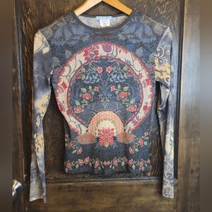 Vintage 90s Y2k Artistic Floral Long Sleeve Mesh Top Intricate Multicolor Design